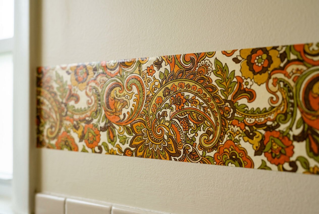 Close-up of a bathroom wall with a colorful floral and paisley patterned wallpaper border.