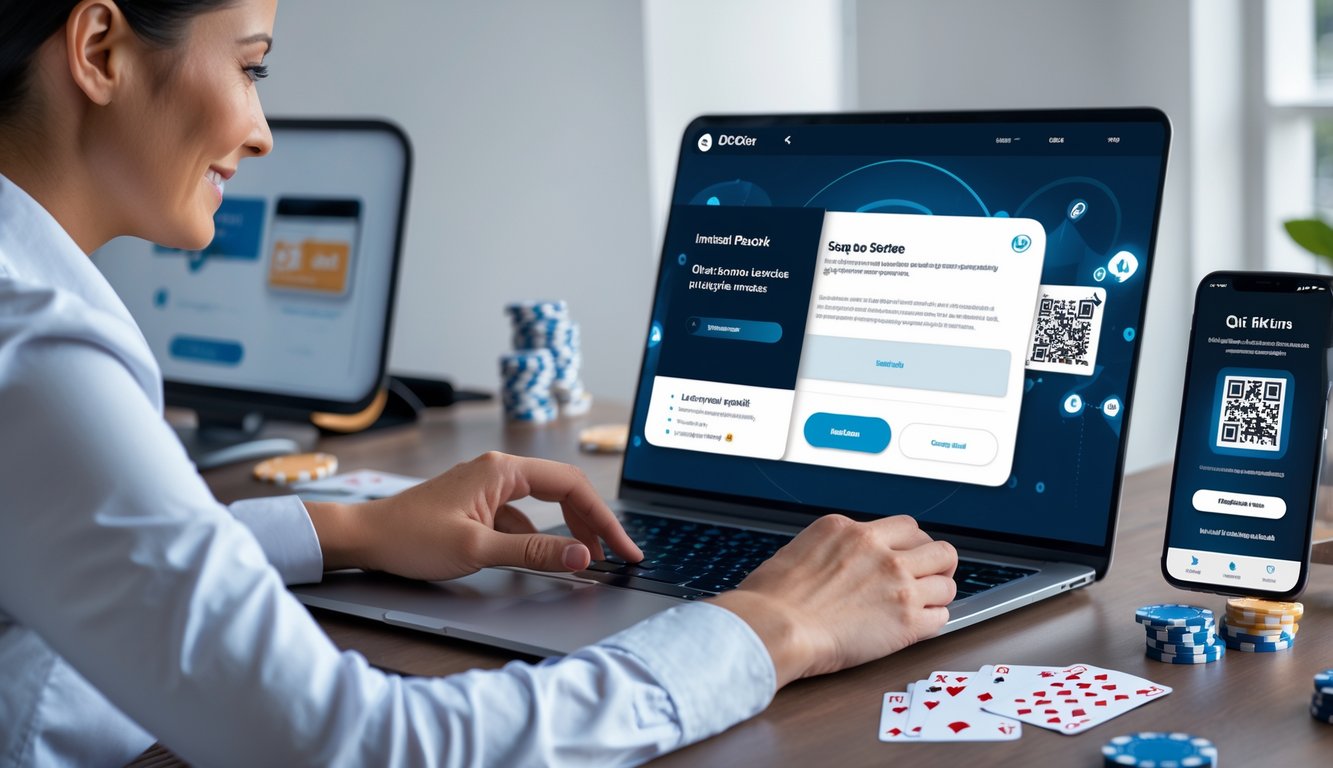 Dua orang dewasa bermain poker online di meja dengan laptop dan ponsel yang menampilkan kode QR untuk deposit instan.
