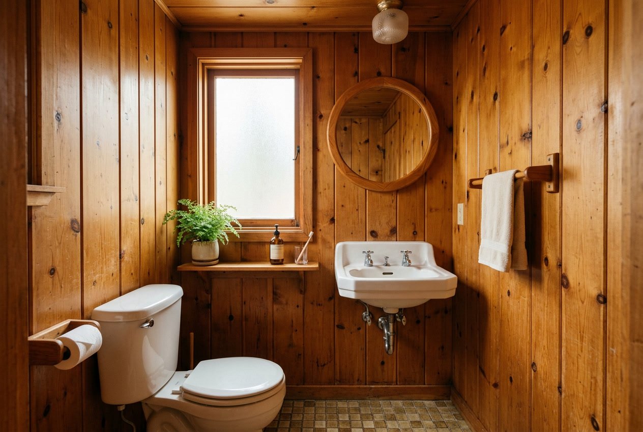 Bathroom with knotty pine wood-paneled walls, vintage sink, round mirror, and tiled floor.
