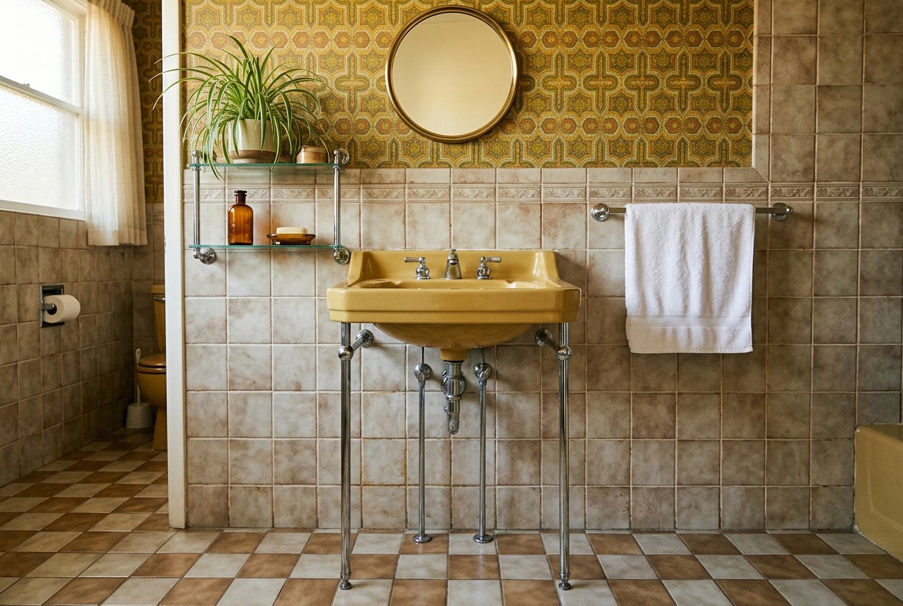 A vintage bathroom with a harvest gold pedestal sink supported by chrome legs, surrounded by patterned wallpaper, a round mirror, and retro fixtures.