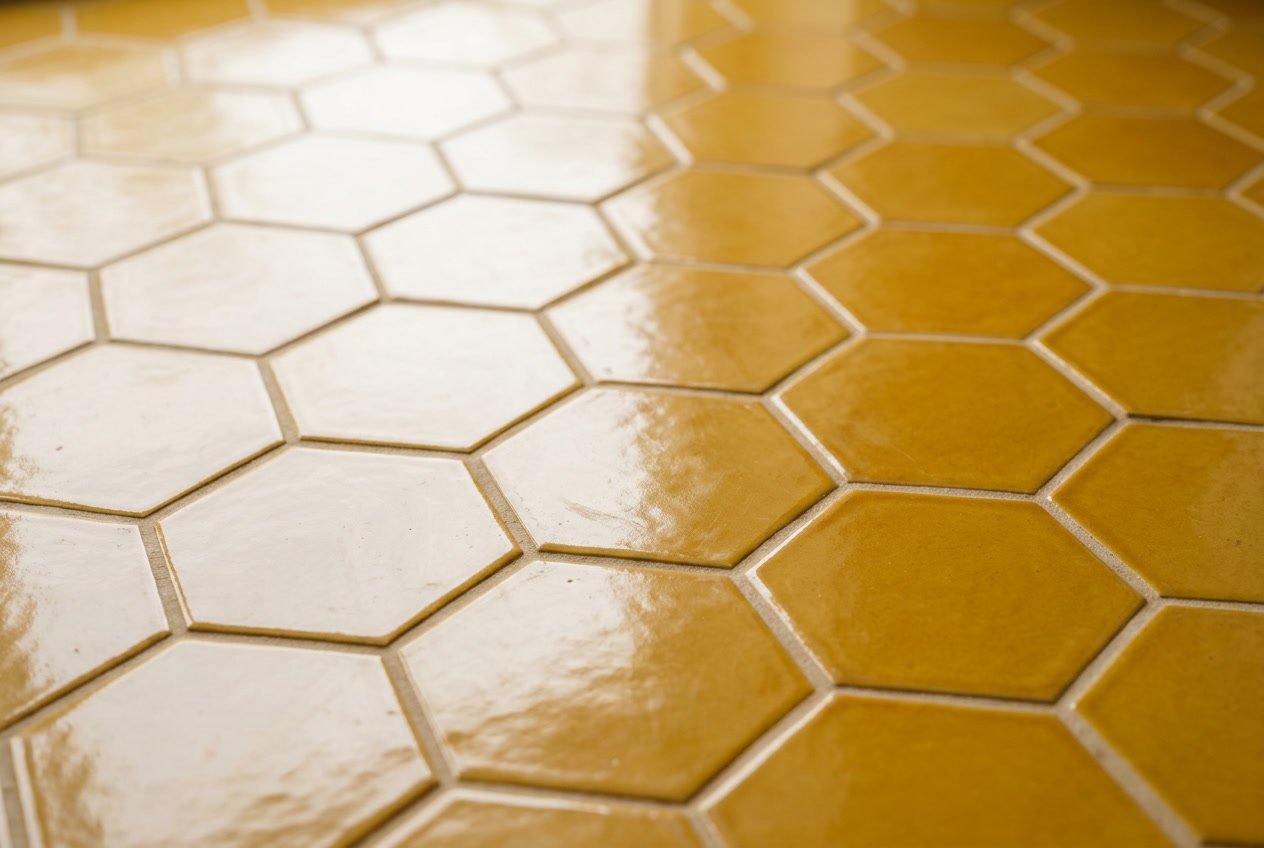 Close-up view of hexagonal mustard-yellow ceramic floor tiles arranged in a geometric pattern.