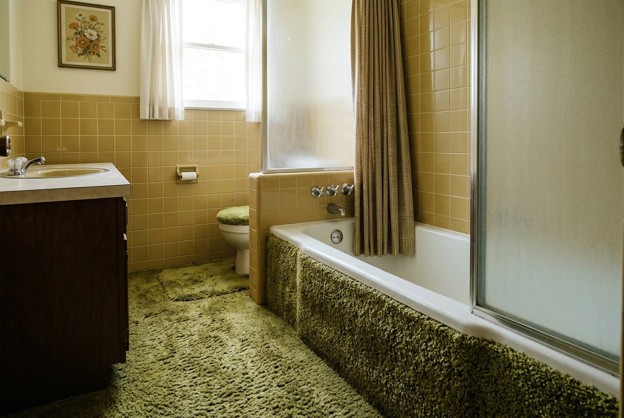 Bathroom with wall-to-wall shag carpet surrounding the base of a bathtub.