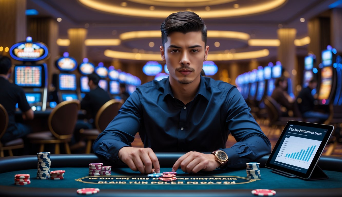 Seorang pria muda duduk di meja poker dengan kartu dan tumpukan chip, di latar belakang kasino dengan lampu dan pemain lain.