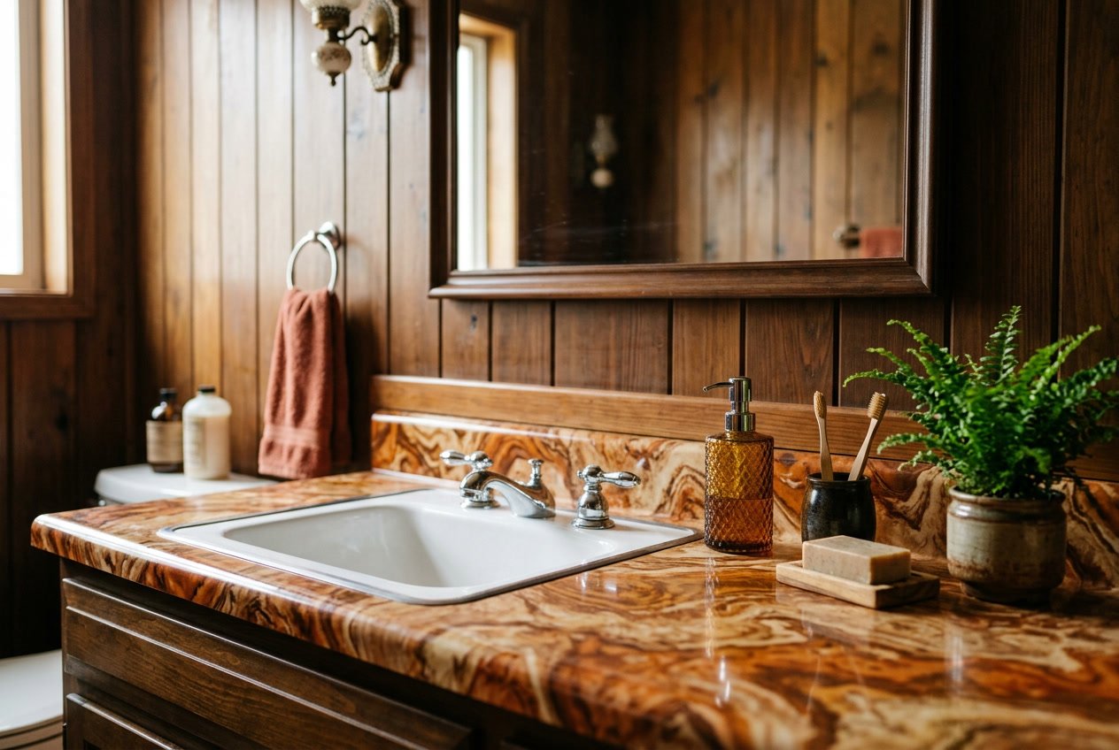 Close-up of a brown and orange marbled laminate bathroom vanity countertop with a white sink and chrome faucet, surrounded by vintage bathroom accessories.