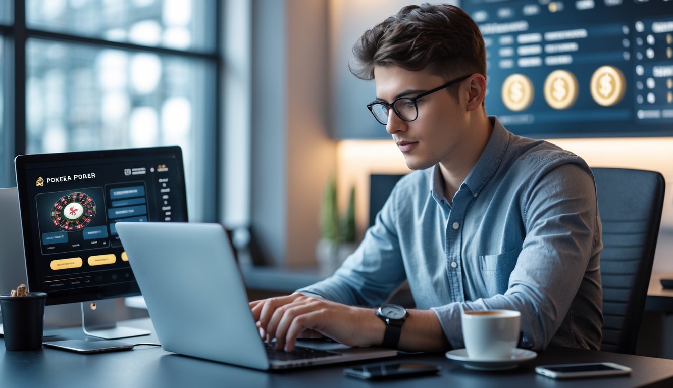 Seorang pria muda duduk di meja kantor dengan laptop yang menampilkan permainan poker online, terlihat fokus dan serius.