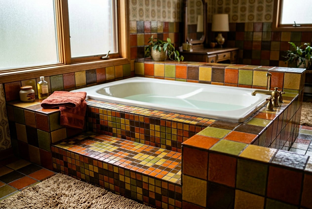 A sunken bathtub with a tiled step-in platform surrounded by colorful ceramic tiles in a bathroom.