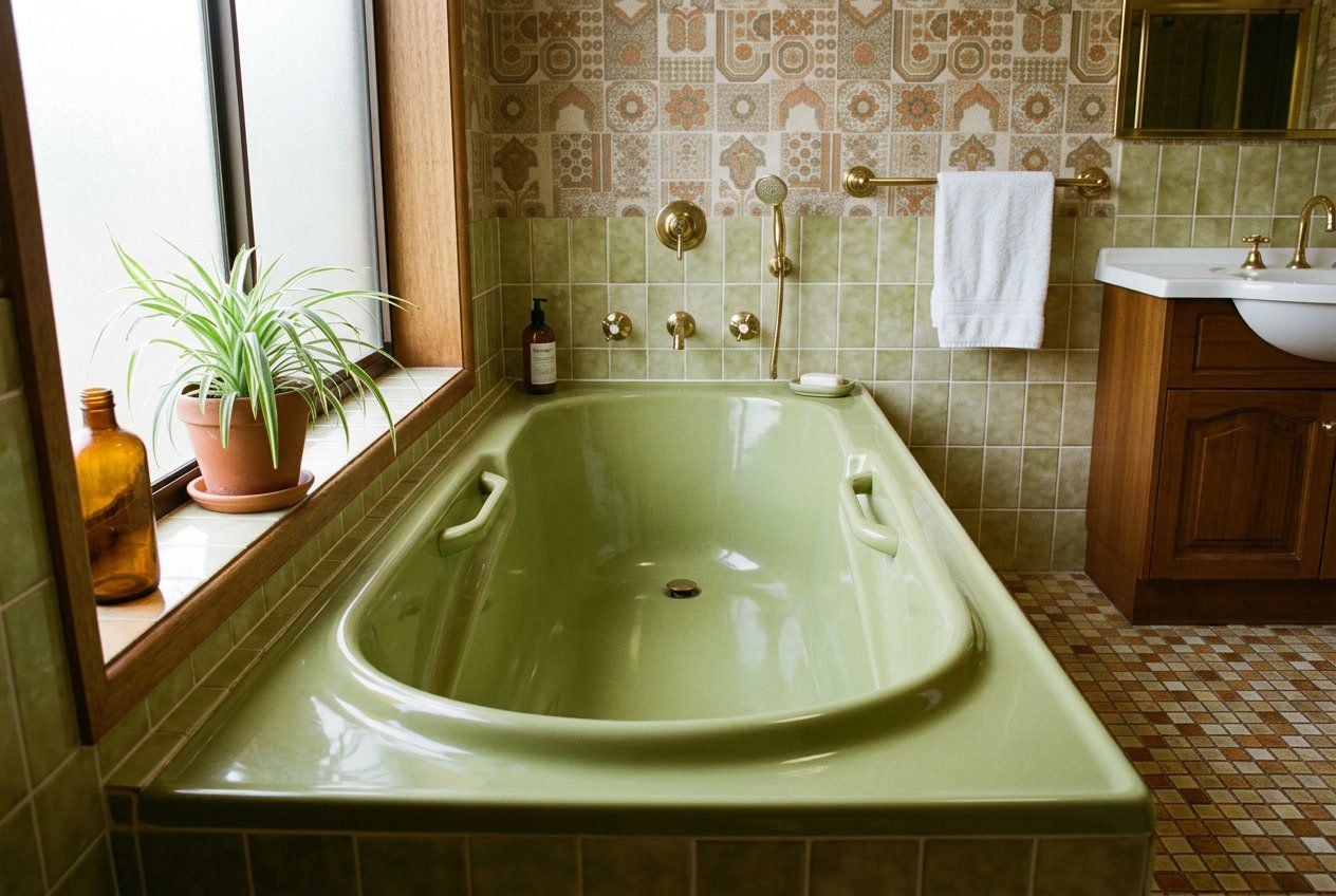 An avocado green bathtub with built-in armrests in a bathroom with patterned wallpaper and tiled floor.