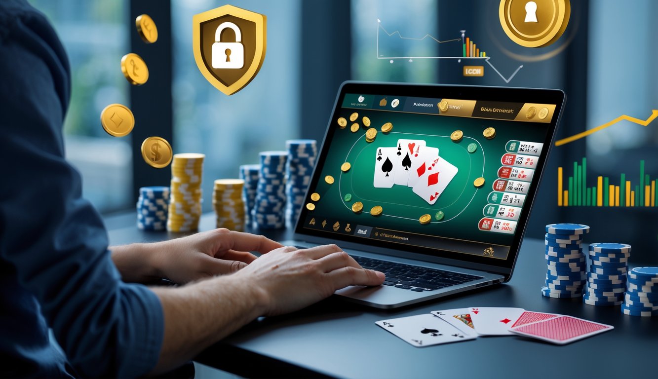 Seseorang menggunakan komputer dengan tampilan permainan poker online dan tumpukan chip poker di meja.