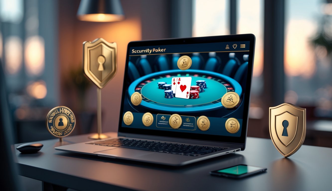 Seorang pengguna bermain poker online di komputer dengan simbol keamanan dan lisensi di sekitar layar.