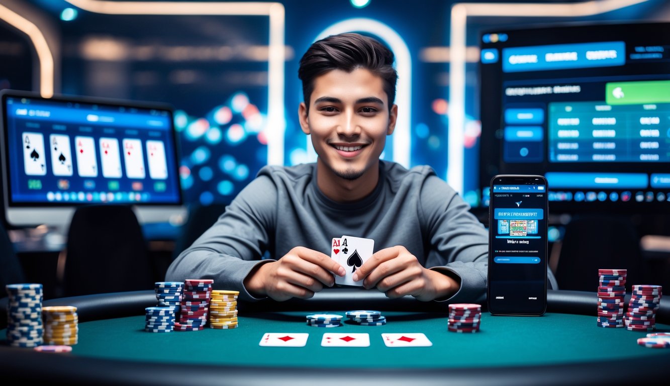 Seorang pemain poker pemula sedang duduk di meja poker dengan kartu dan chip, menggunakan laptop dan ponsel untuk bermain poker online.