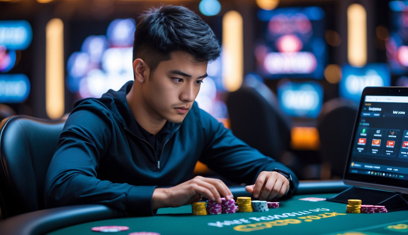 Seorang pria muda duduk di meja poker dengan kartu dan chip, fokus bermain poker online di depan laptop.