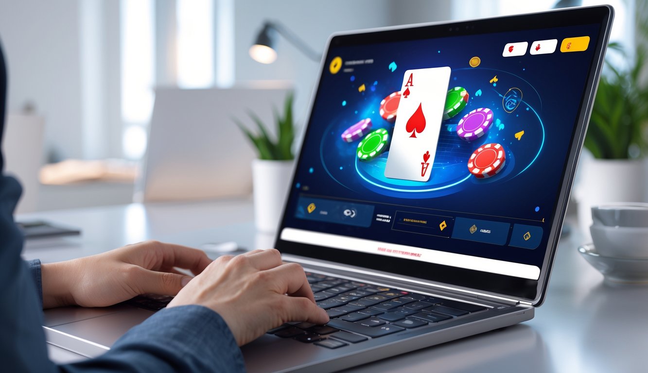 Seseorang sedang bermain poker online di depan layar komputer di ruangan yang rapi dan nyaman.