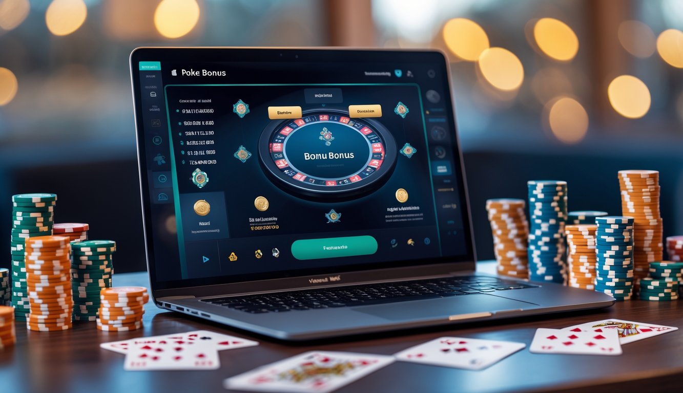 Sebuah meja dengan laptop yang menampilkan permainan poker online, dikelilingi tumpukan chip poker dan kartu bermain.