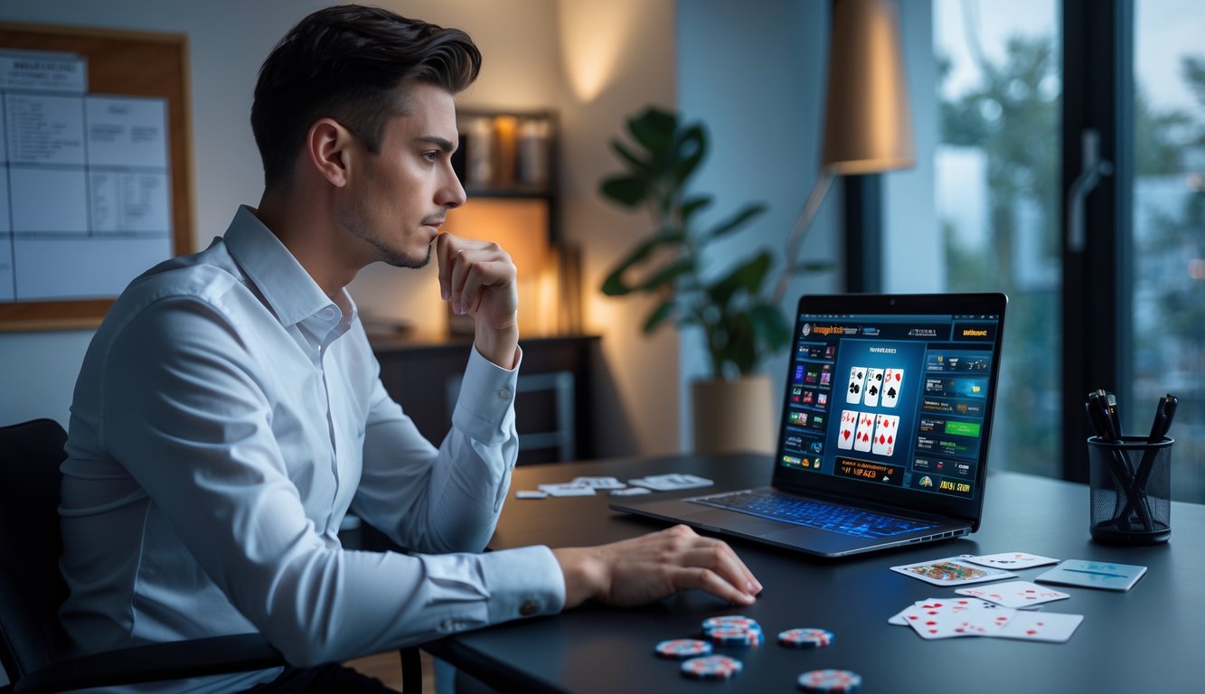 Seseorang duduk di depan laptop dengan permainan poker online di layar, dikelilingi chip poker dan kartu, di ruang kerja yang rapi.