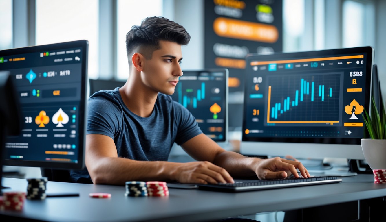 Seorang pria muda duduk di meja kerja dengan beberapa layar komputer yang menampilkan statistik permainan poker online, di ruang kantor yang terang dan rapi.