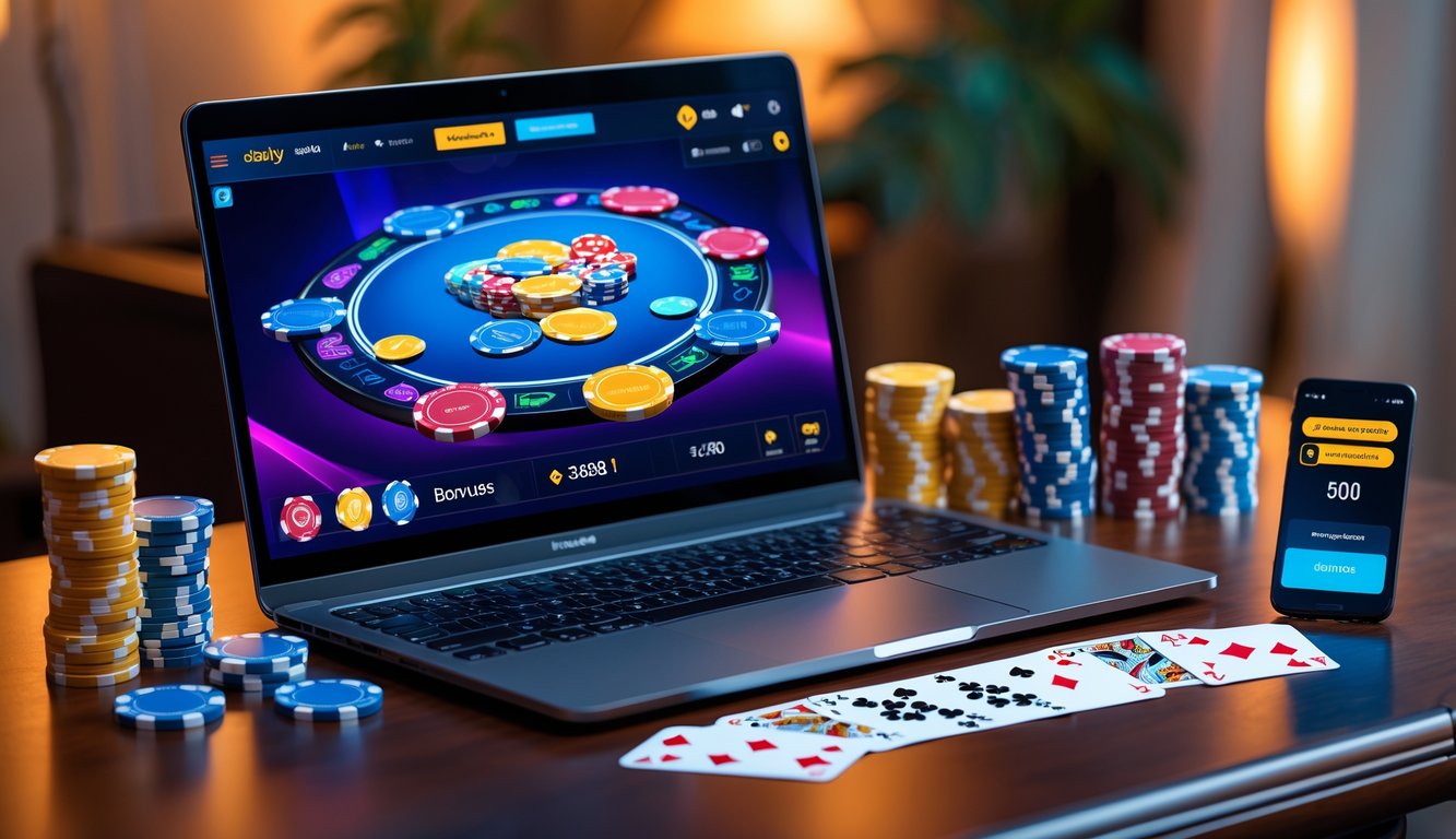 Sebuah laptop dengan tampilan permainan poker online, dikelilingi oleh tumpukan chip poker dan kartu di atas meja kayu, dengan ponsel di samping menunjukkan notifikasi.