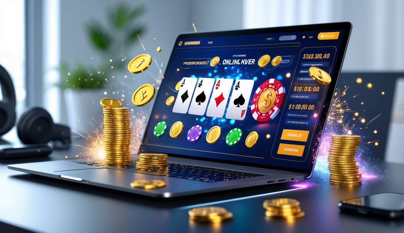 Seorang pemain poker online menggunakan laptop dengan tumpukan chip poker dan kartu bermain di meja, menunjukkan suasana permainan poker yang menguntungkan.