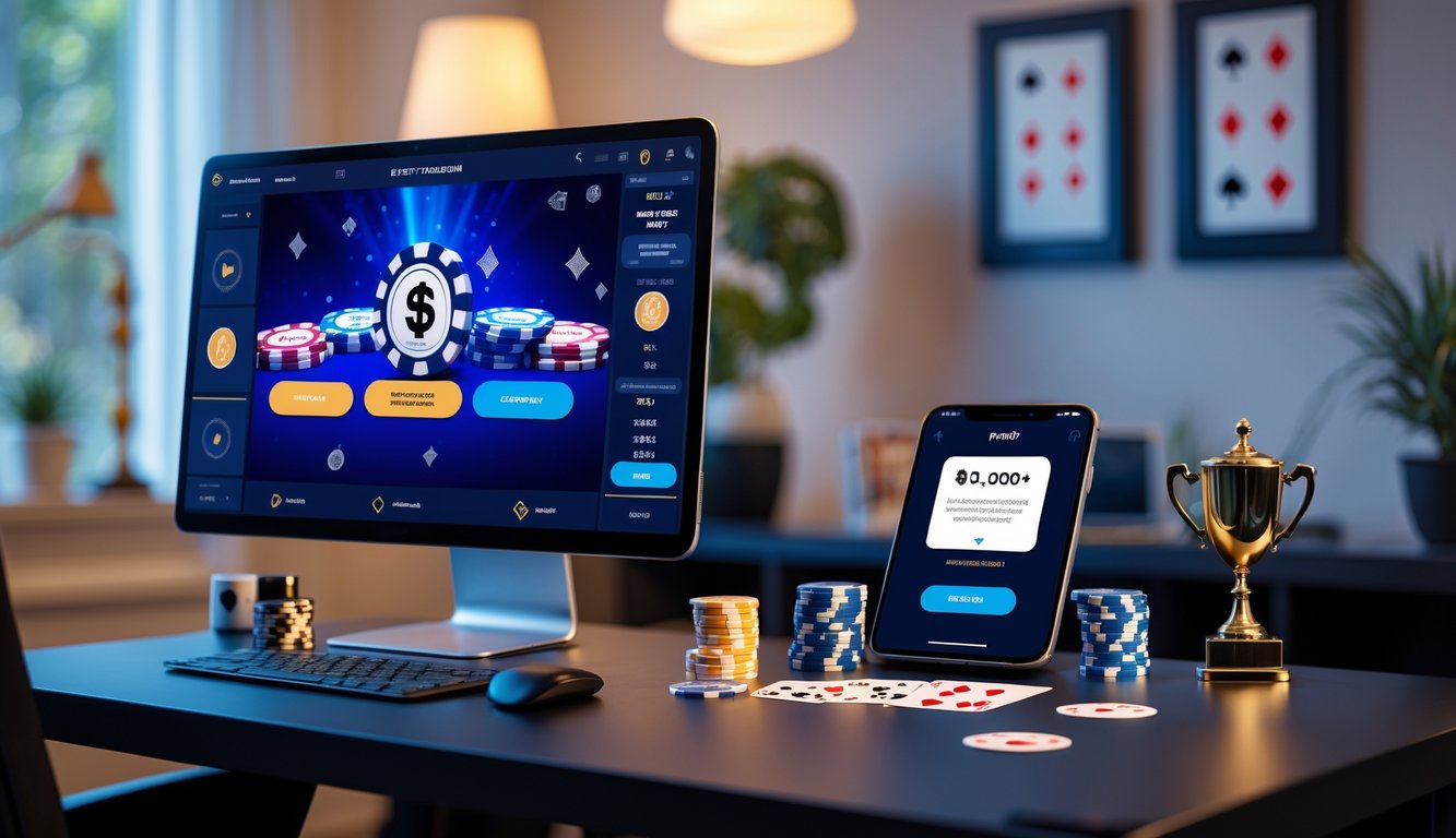 Meja komputer dengan monitor menampilkan permainan poker online, chip poker, kartu, dan ponsel dengan notifikasi bonus, di ruang kerja yang nyaman.