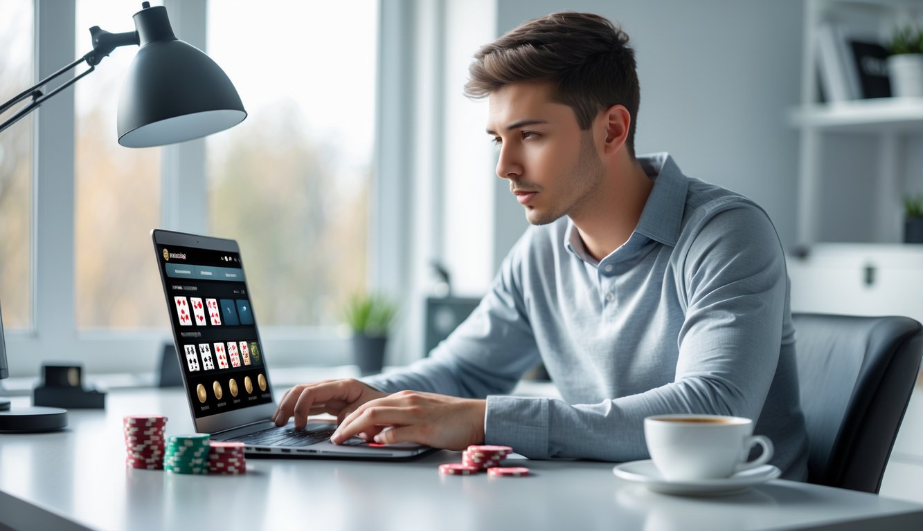Seorang pria muda duduk di meja dengan laptop, fokus bermain poker online dengan chip dan kartu poker di sekitar meja.