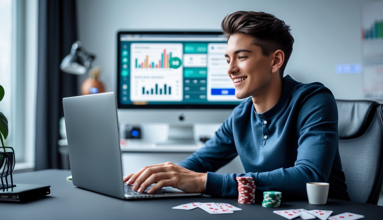 Seorang dewasa muda duduk di meja modern bermain poker online di laptop dengan ekspresi senang dan fokus.