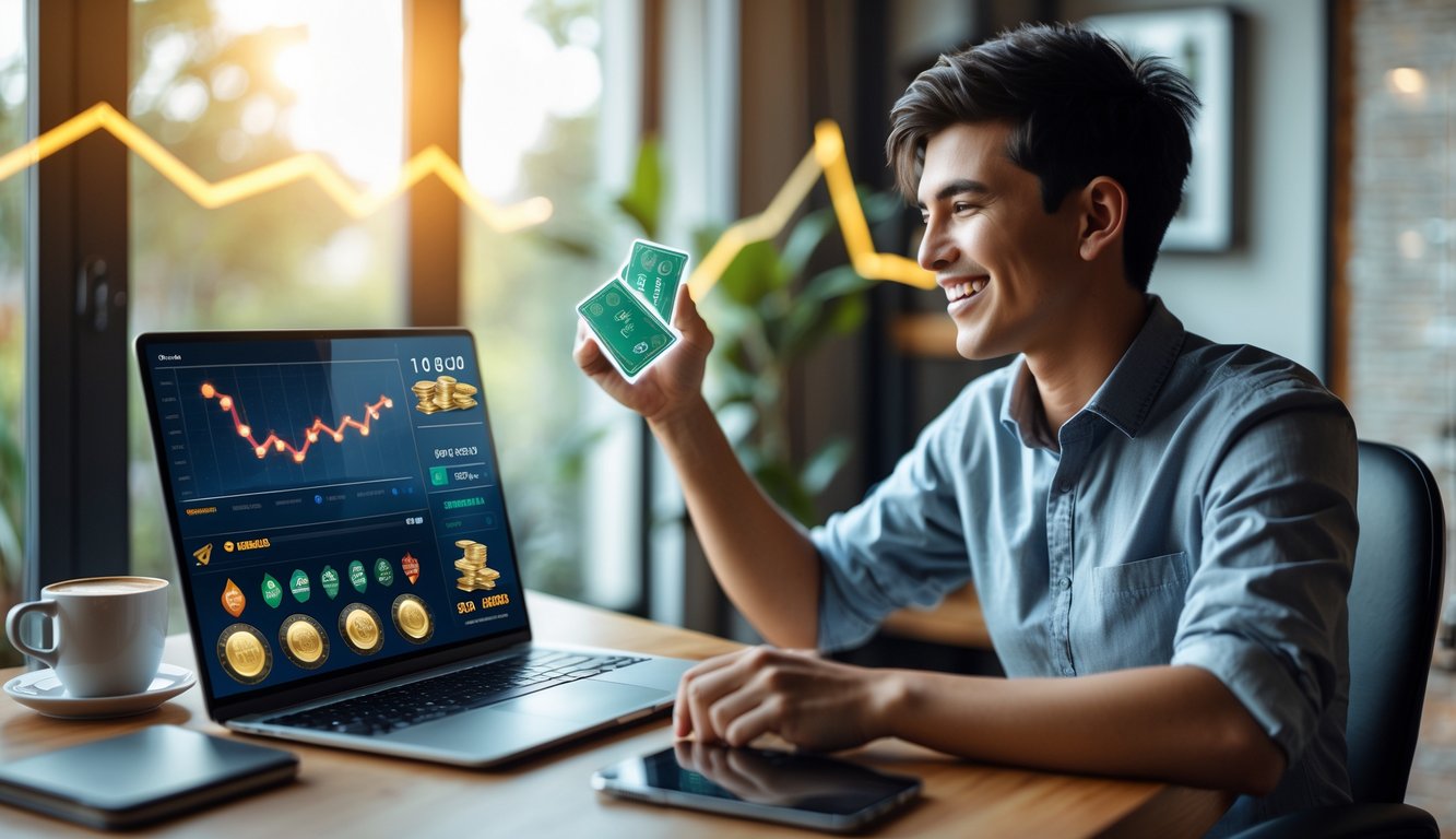 Seseorang sedang bermain poker online di laptop di ruang kerja rumah dengan ekspresi senang dan fokus.