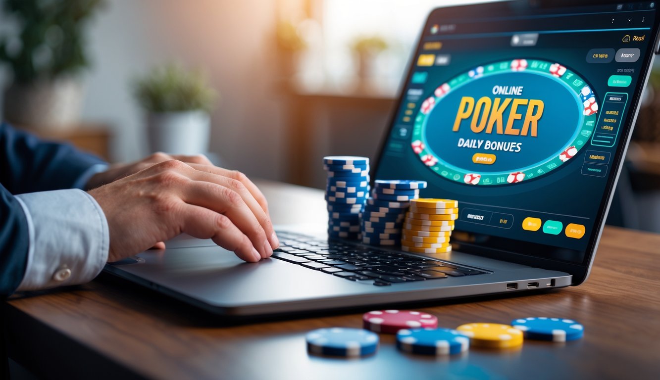 Seseorang bermain poker online dengan laptop dan tumpukan chip poker di meja dalam ruangan rumah.