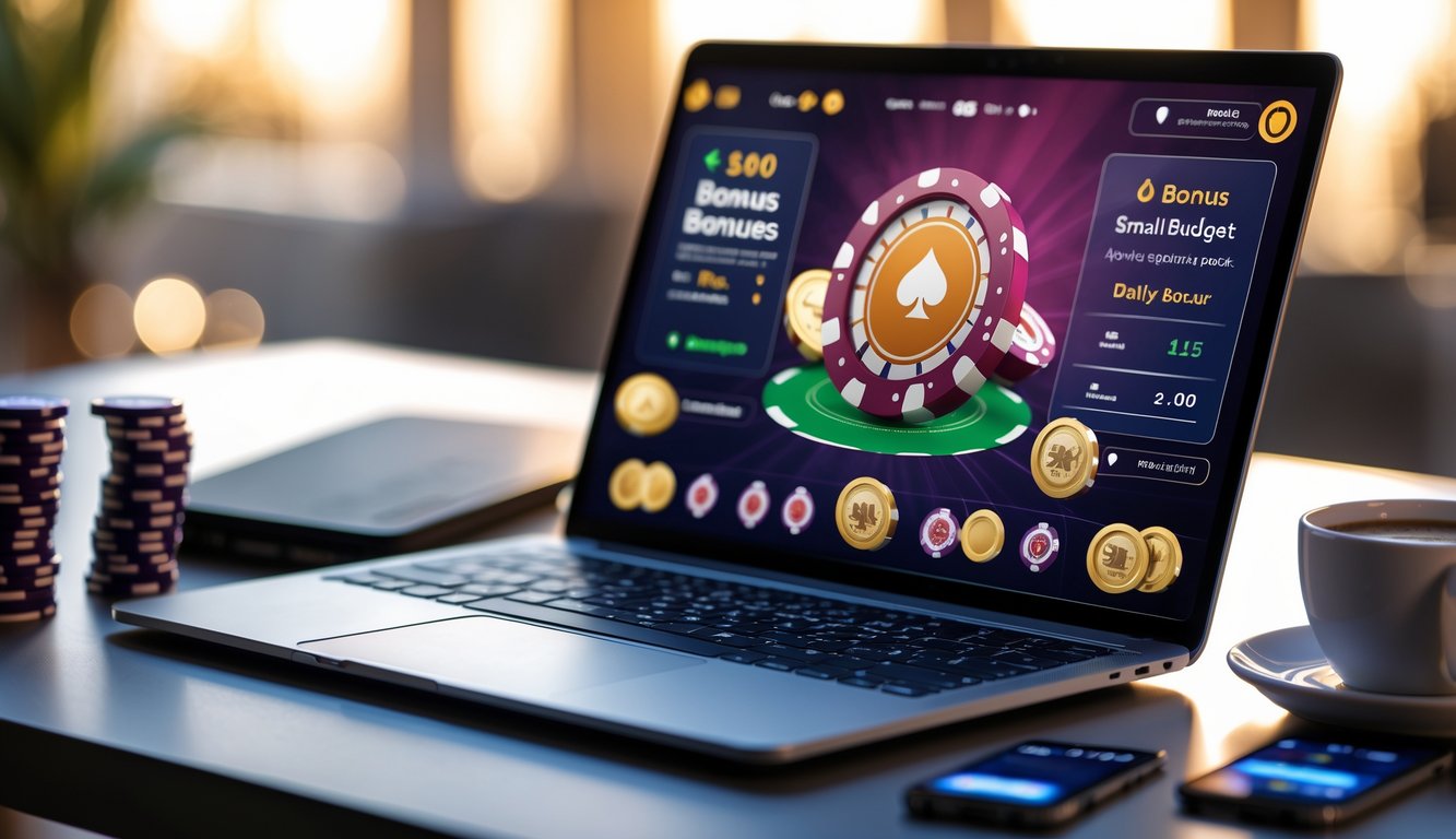 Seorang pemain poker online menggunakan laptop dengan tumpukan chip poker dan ponsel yang menampilkan notifikasi bonus harian di meja kerja.