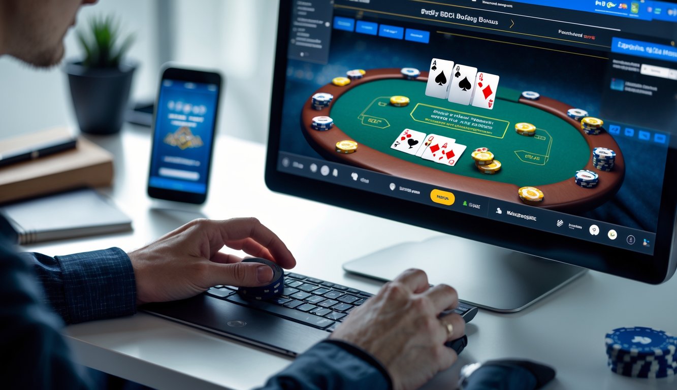 Seorang pemain poker online sedang bermain di depan komputer dengan kartu dan chip poker terlihat jelas, menunjukkan suasana fokus dan strategi.