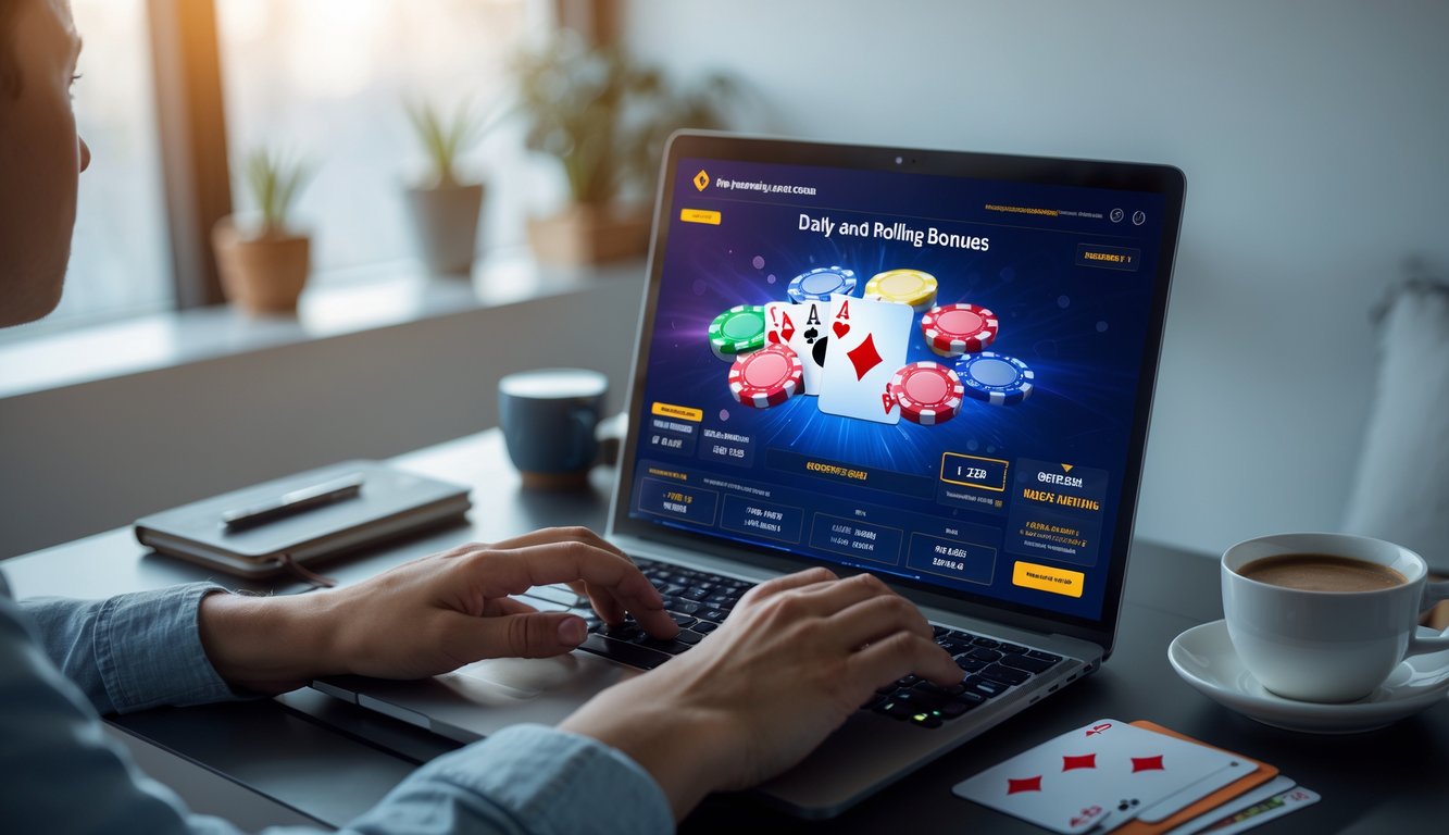 Seorang pemain poker online sedang bermain di depan komputer dengan kartu dan chip poker, di ruang kerja yang rapi dan terang.