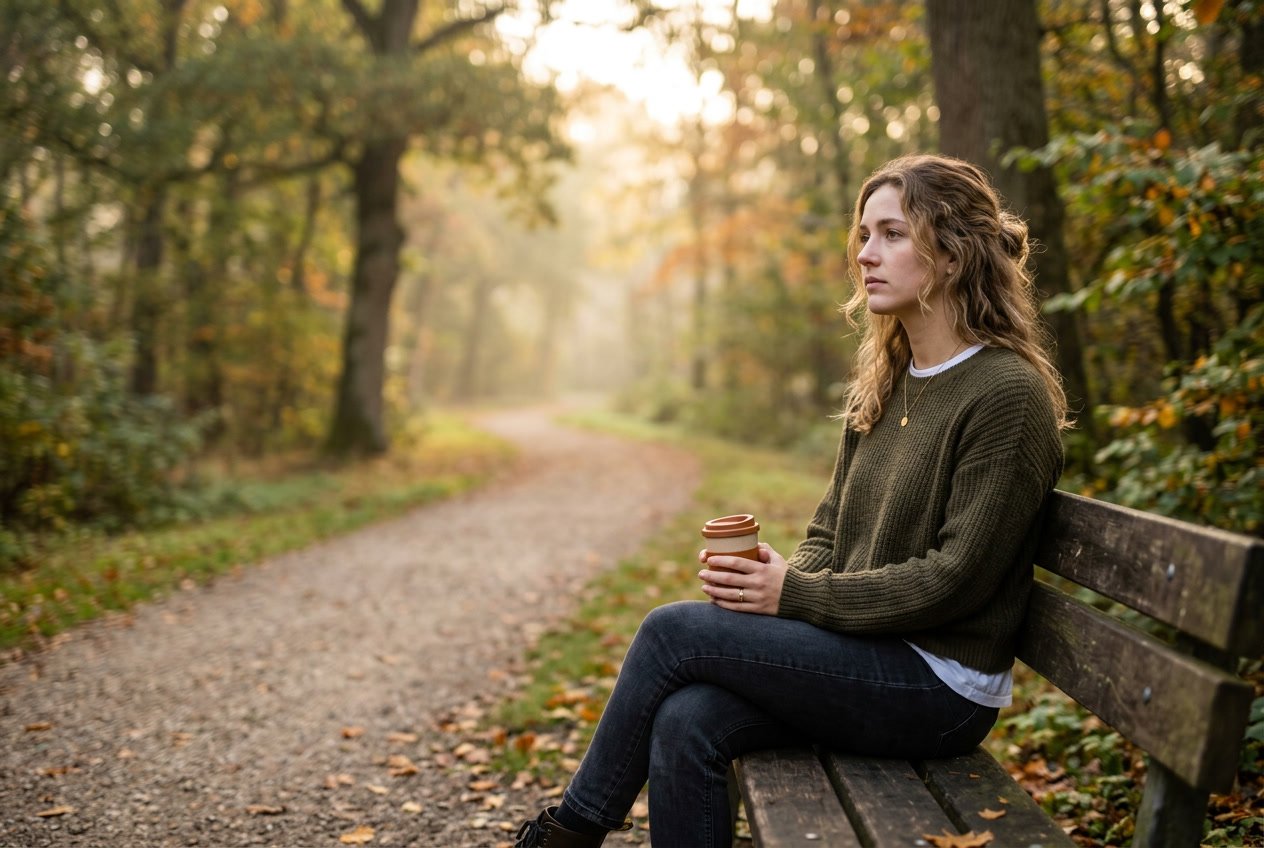 A young woman sitting alone on a park bench looking thoughtful and contemplative.