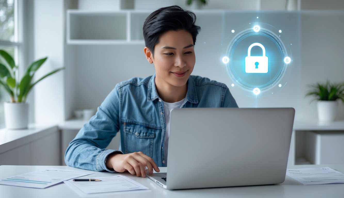 Seseorang menggunakan laptop di ruang kerja rumah yang terang, dengan ponsel dan dokumen keuangan di meja, menunjukkan transaksi online yang aman.