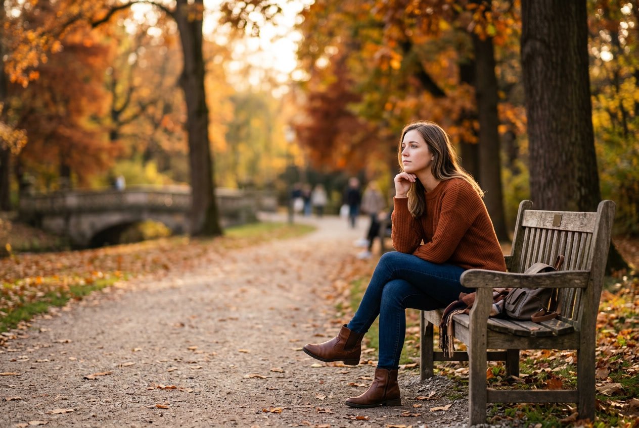 A young adult sitting alone on a park bench, looking thoughtfully into the distance with a serious expression, surrounded by autumn trees.