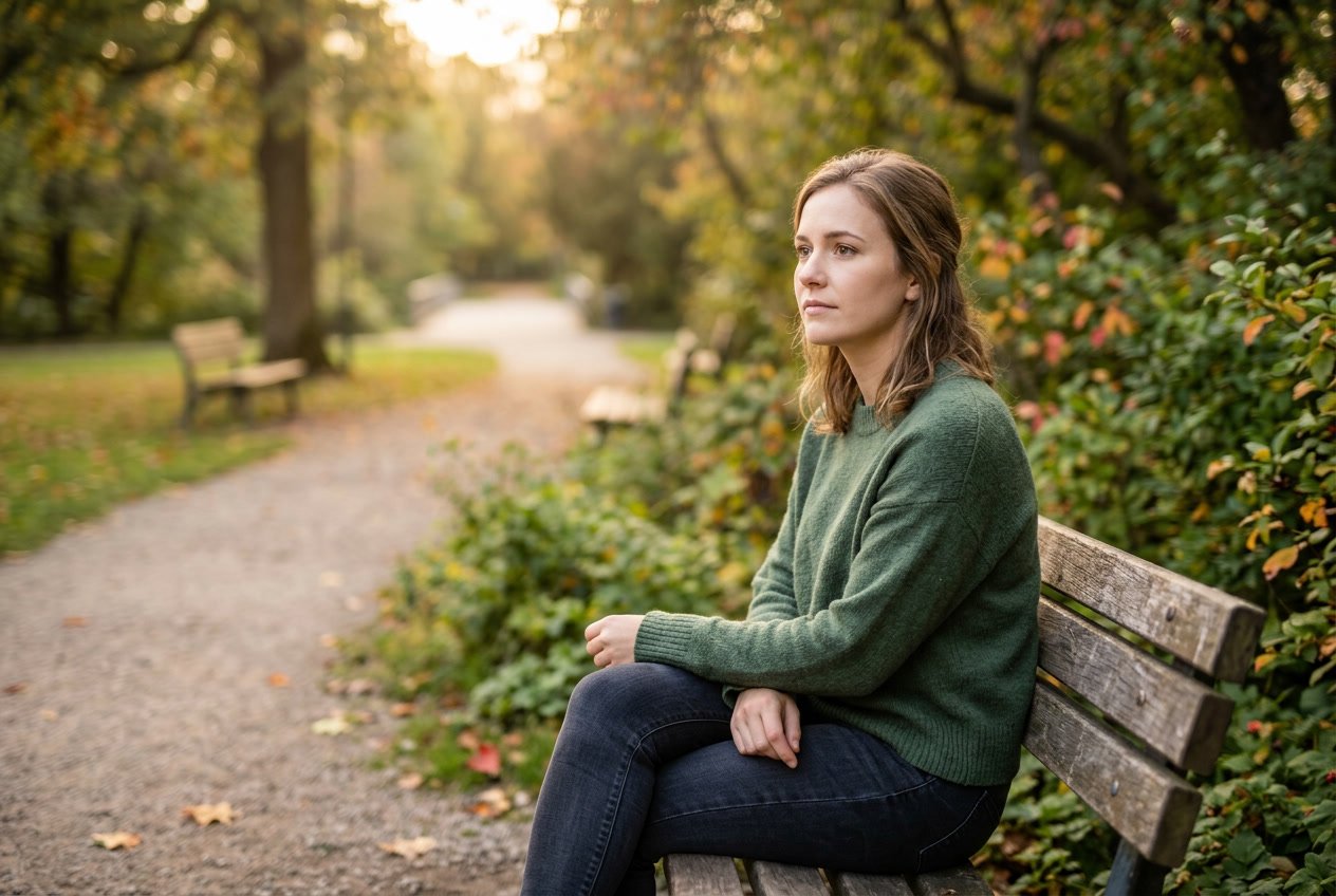 A young woman sitting alone on a park bench, looking thoughtfully into the distance surrounded by trees and soft natural light.