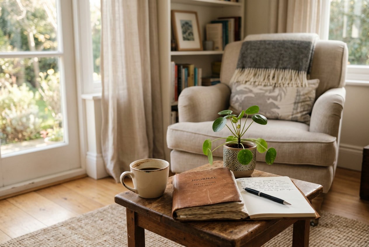 A cozy living room with a wooden table holding a coffee cup, journal, pen, and a houseplant, with an armchair and folded blanket in the background.