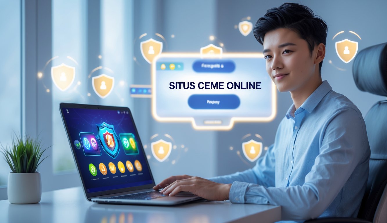 Seseorang duduk di depan laptop dengan tampilan permainan online yang aman dan nyaman di ruang kerja modern.