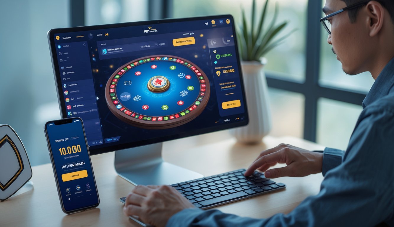 Seorang pemain fokus menggunakan laptop dan smartphone untuk bermain Ceme online dengan suasana yang aman dan nyaman.
