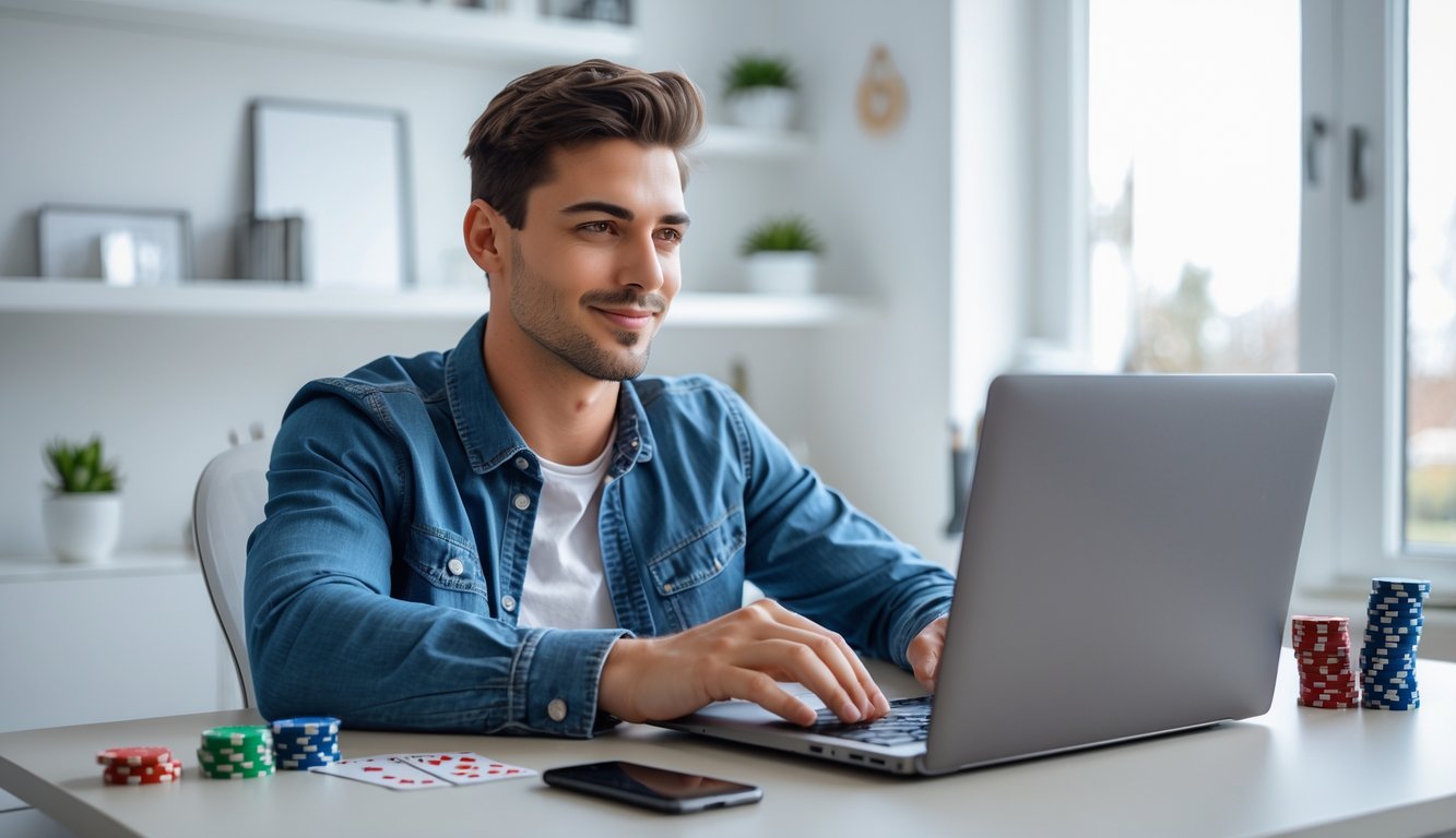 Seorang pria muda duduk di meja dengan laptop terbuka, fokus bermain permainan kartu online di ruangan yang terang dan rapi.