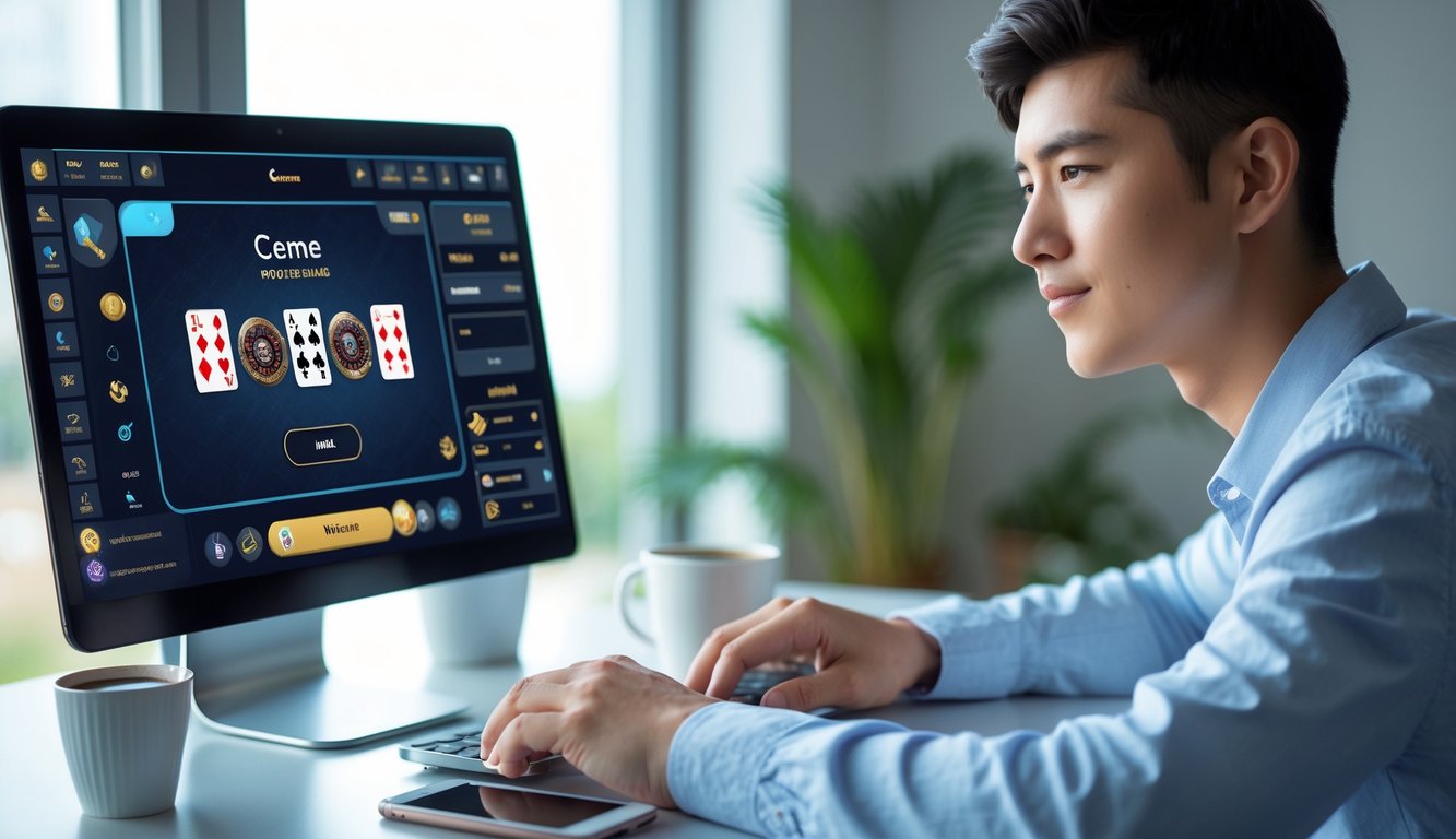Seorang pria muda duduk di depan laptop dengan tampilan permainan kartu online, di meja terdapat cangkir kopi dan ponsel, suasana tenang dengan pencahayaan alami.