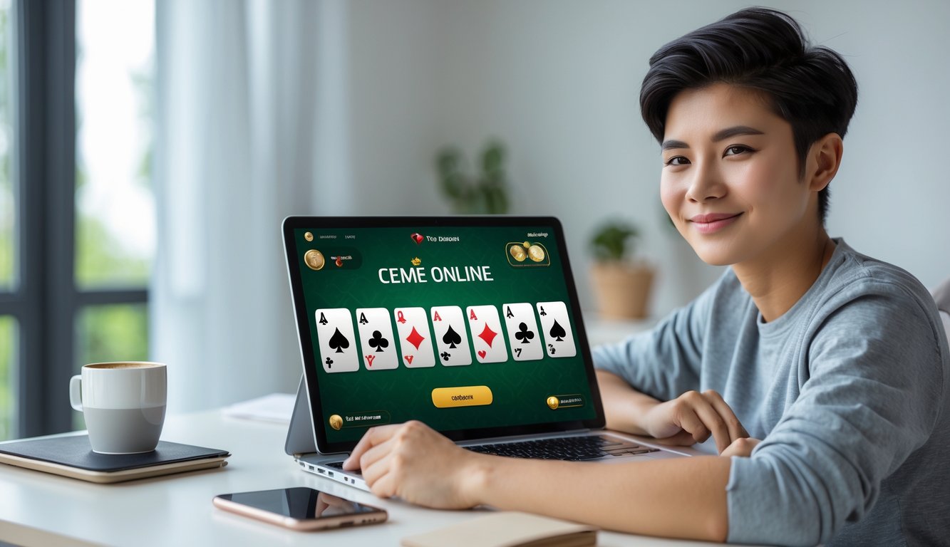 Seorang pemula sedang bermain permainan kartu Ceme Online di laptop di ruang kerja yang terang dan rapi.
