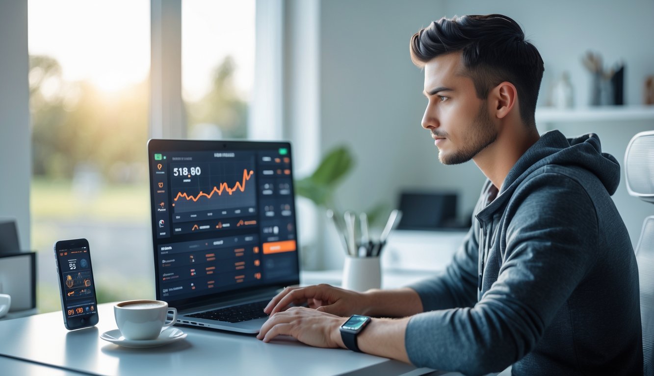 Seorang pria muda duduk di meja kerja modern dengan laptop, tampak fokus melihat layar yang menampilkan grafik dan angka terkait permainan online.