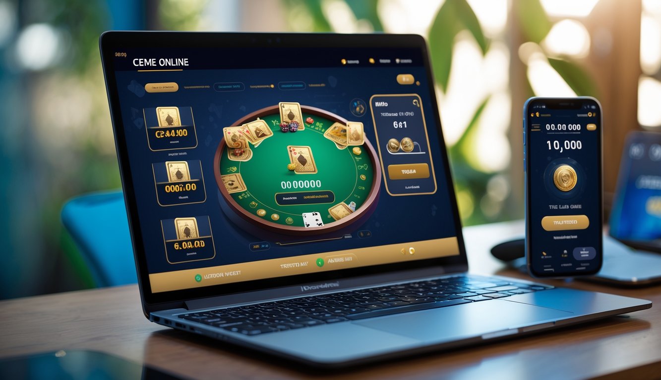 Seorang pria menggunakan laptop dan smartphone untuk bermain permainan kartu online dengan suasana kerja modern.