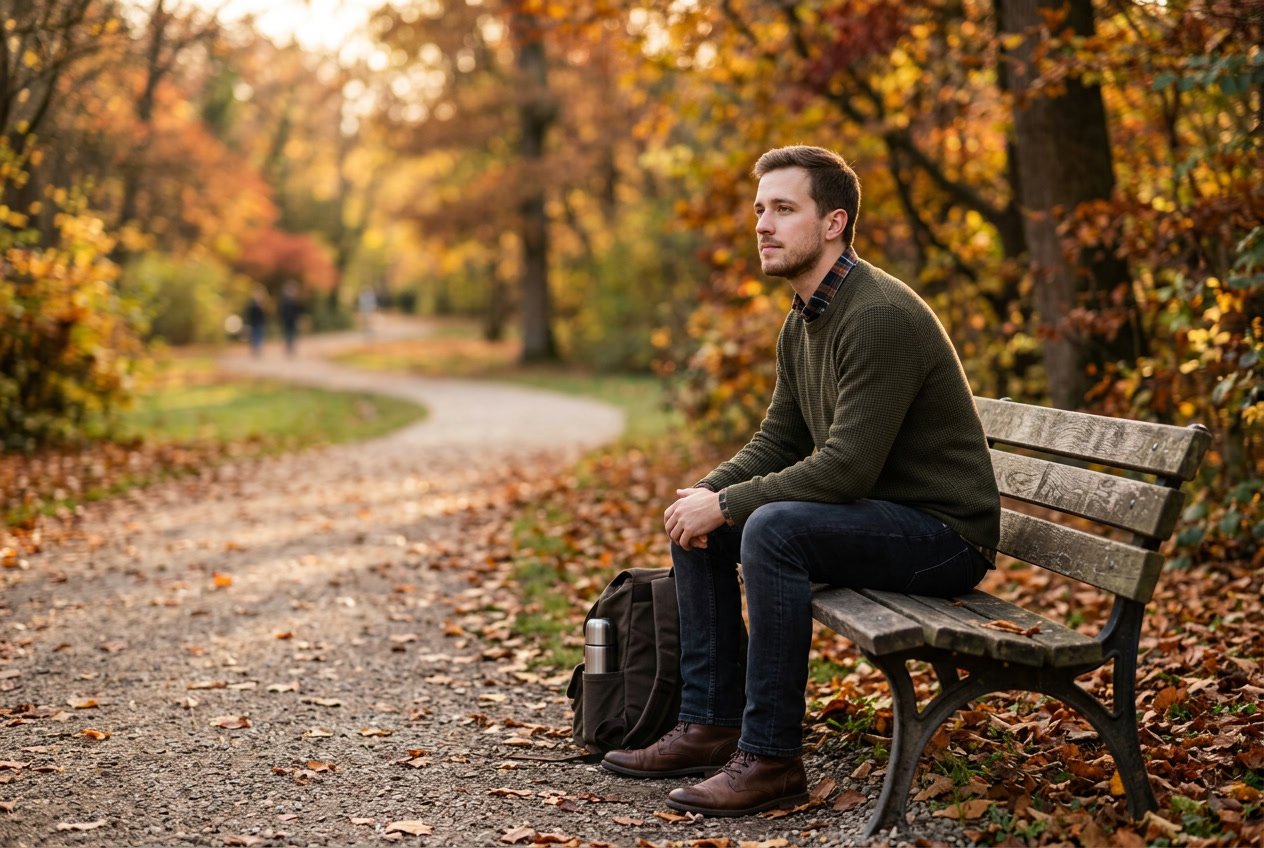 A young adult sitting alone on a park bench in autumn, looking thoughtfully into the distance.