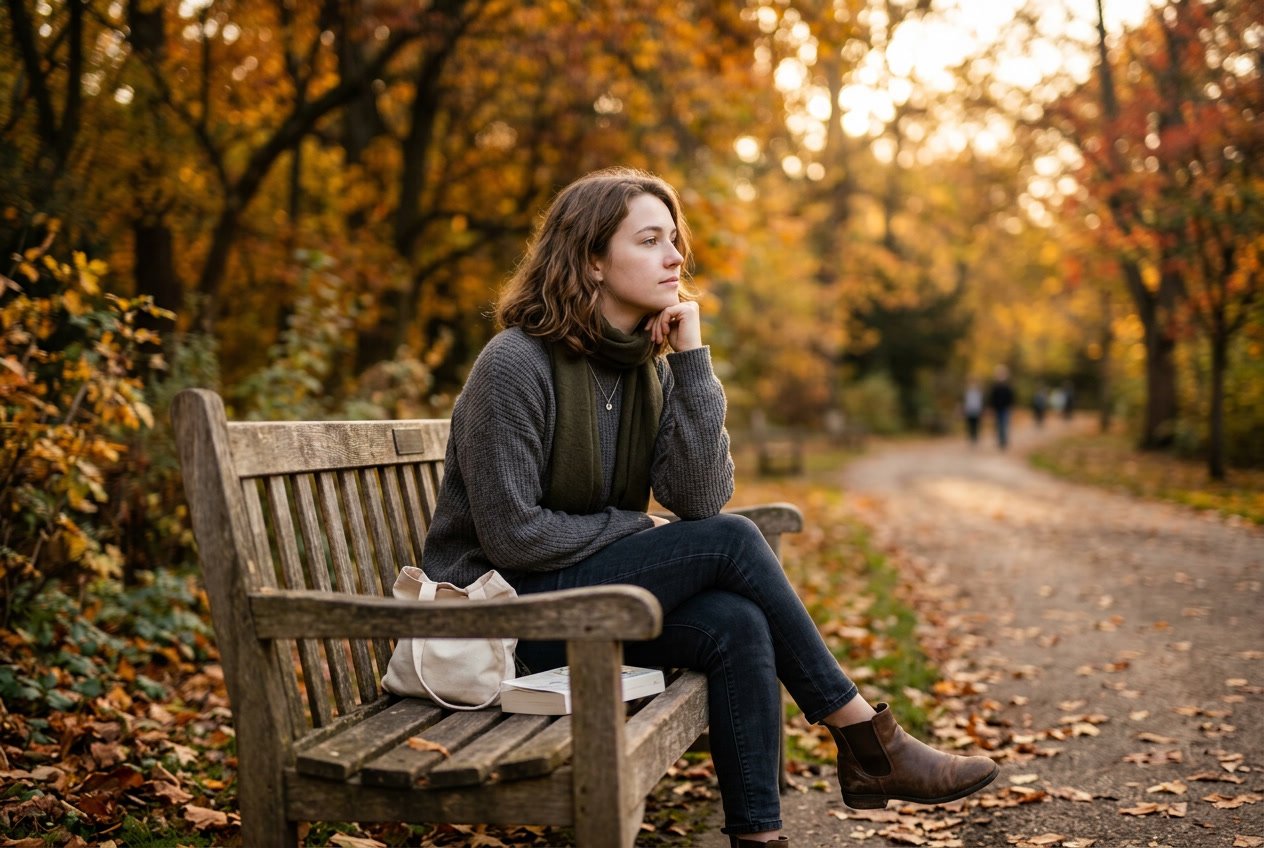 A young woman sitting alone on a park bench, looking thoughtfully into the distance during autumn.