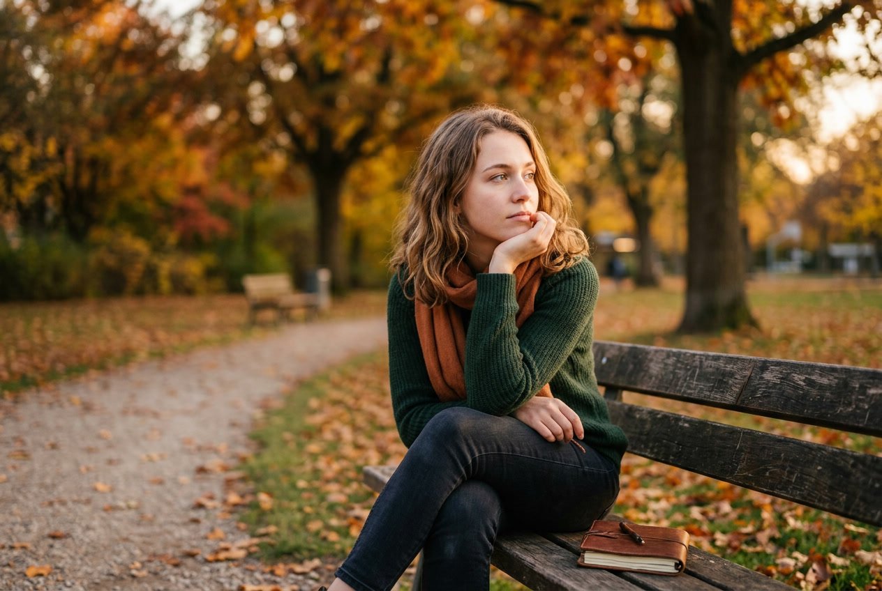 A young woman sitting alone on a park bench looking thoughtfully into the distance during autumn.