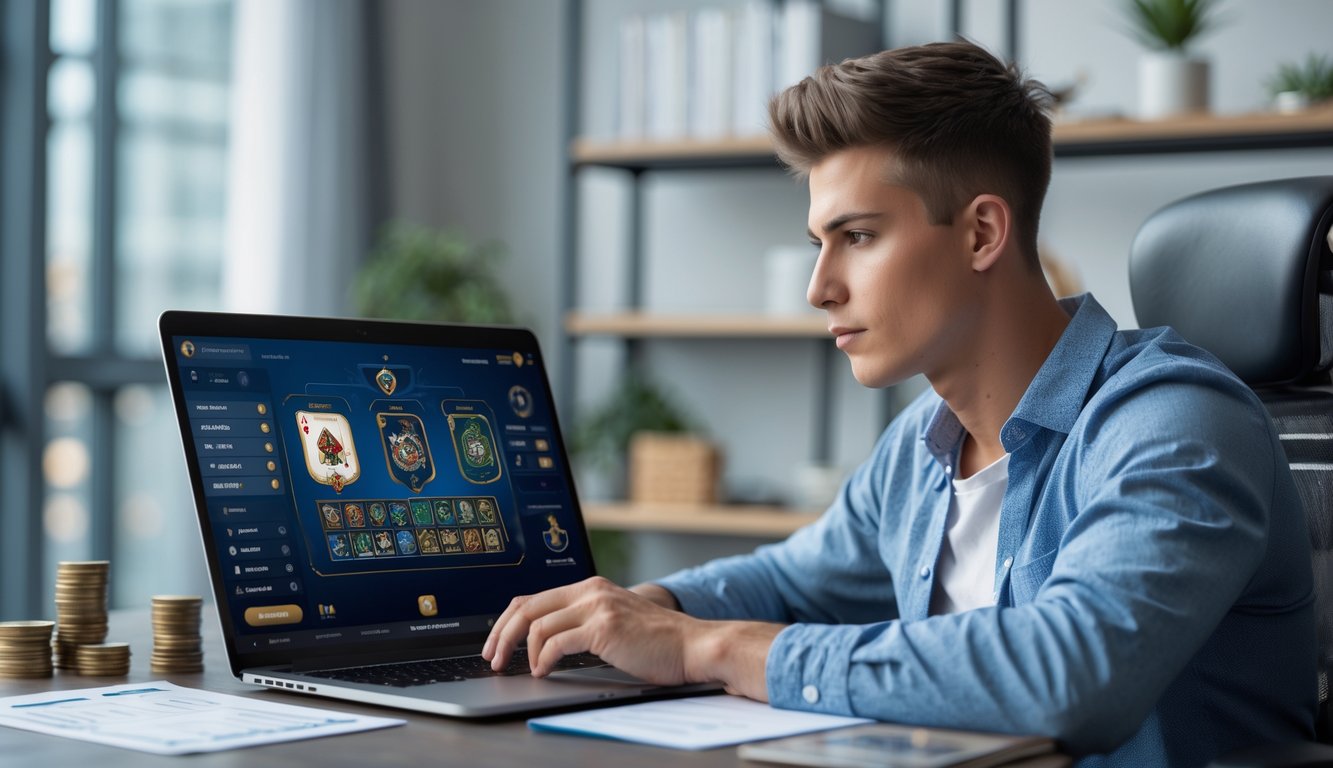 Seorang pria muda duduk di meja dengan laptop, fokus bermain permainan kartu online dengan suasana yang tenang dan teratur.