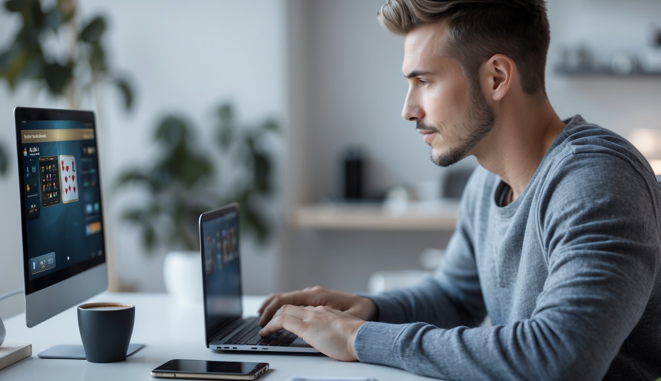 Seorang pria muda duduk di meja dengan laptop, fokus bermain permainan kartu online di ruang kerja modern.