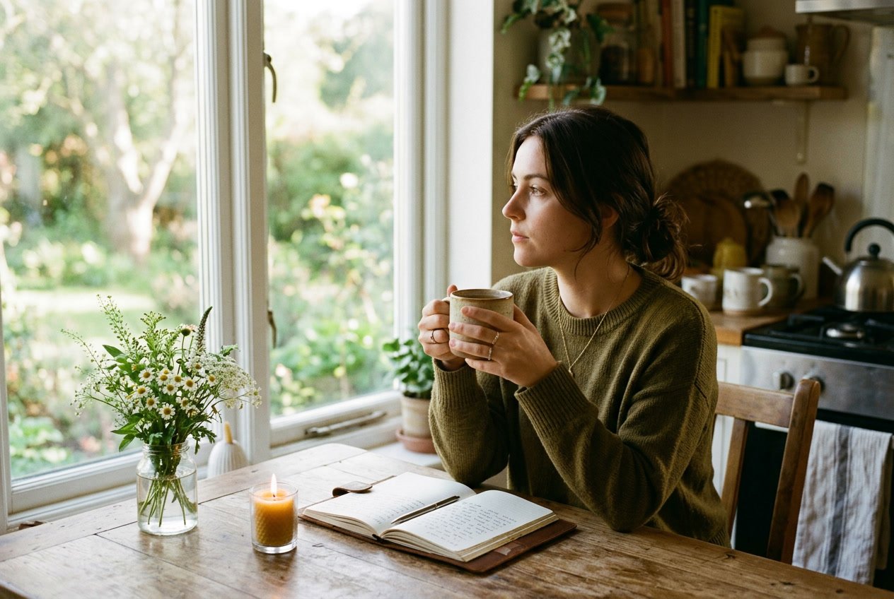 A young woman sitting alone at a kitchen table, holding a cup of tea and looking thoughtfully out a window.