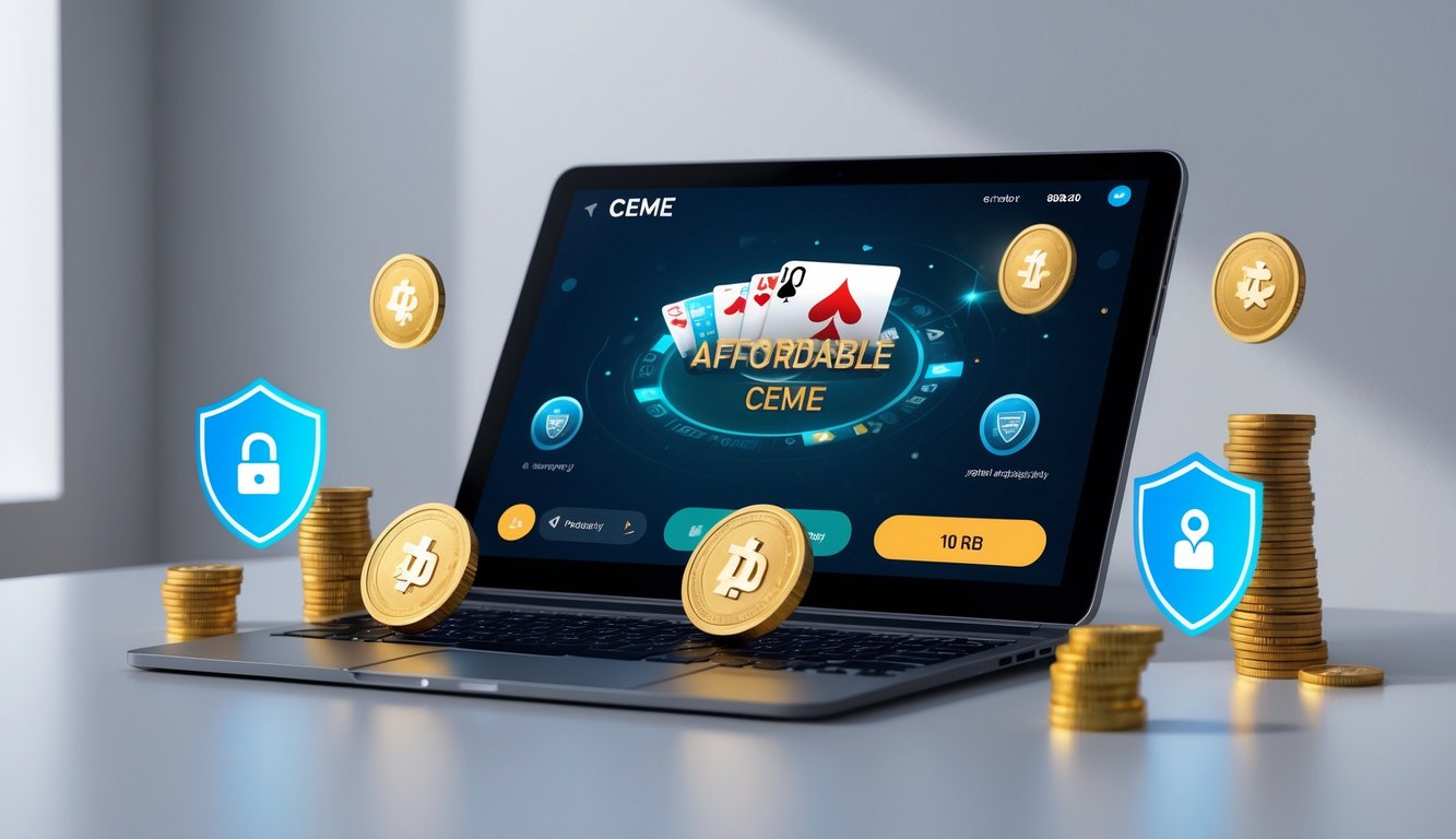 Seseorang menggunakan laptop dengan tampilan permainan kartu online Ceme, dikelilingi oleh simbol uang dan ikon keamanan digital.