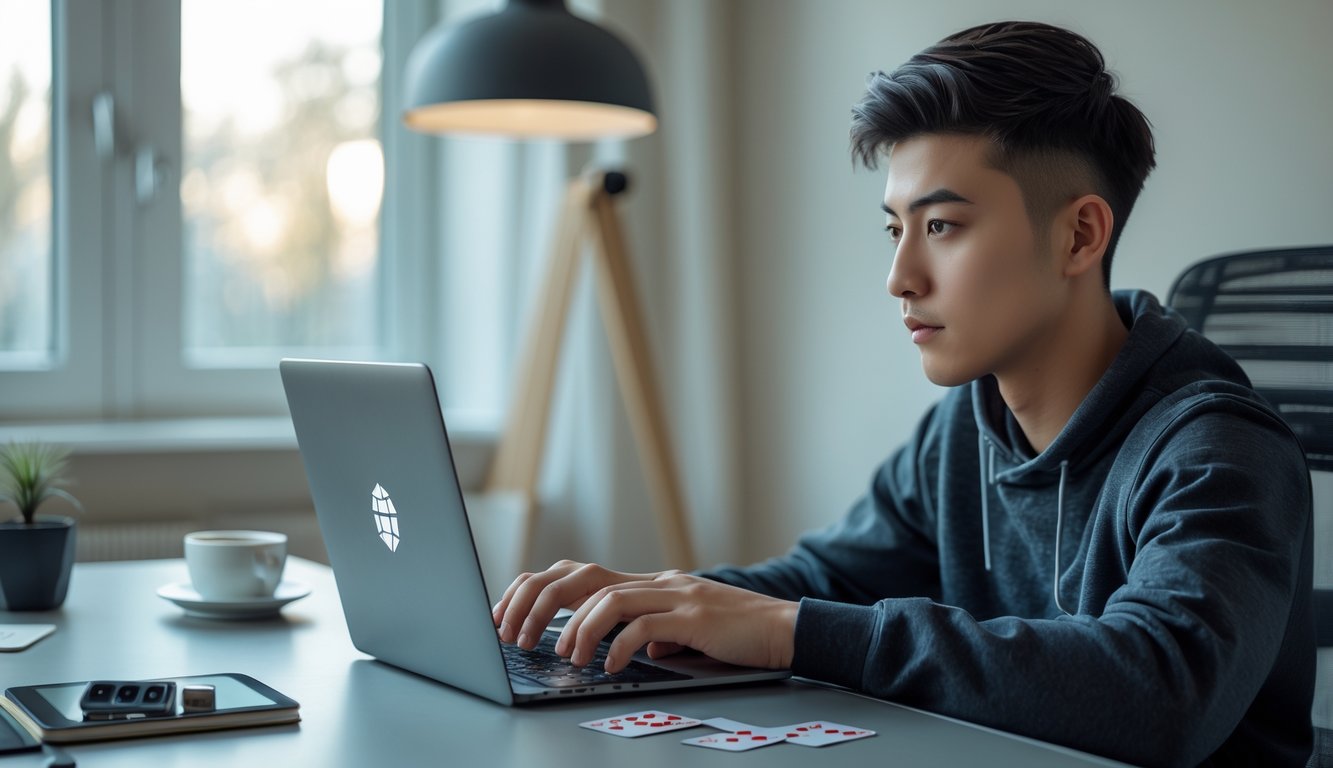 Seorang pria muda fokus bermain permainan kartu online di laptop dengan suasana ruangan yang nyaman dan pencahayaan alami.