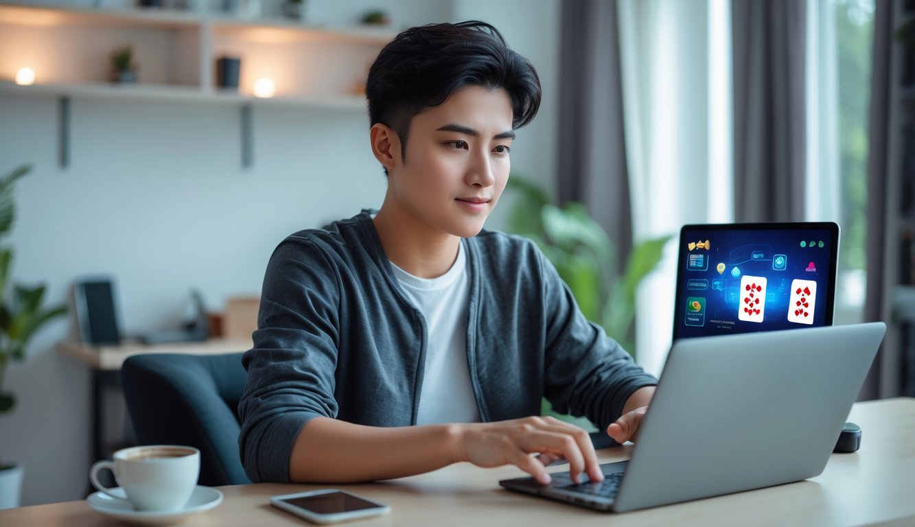 Seorang dewasa muda bermain permainan kartu online di depan laptop di ruangan rumah yang nyaman.